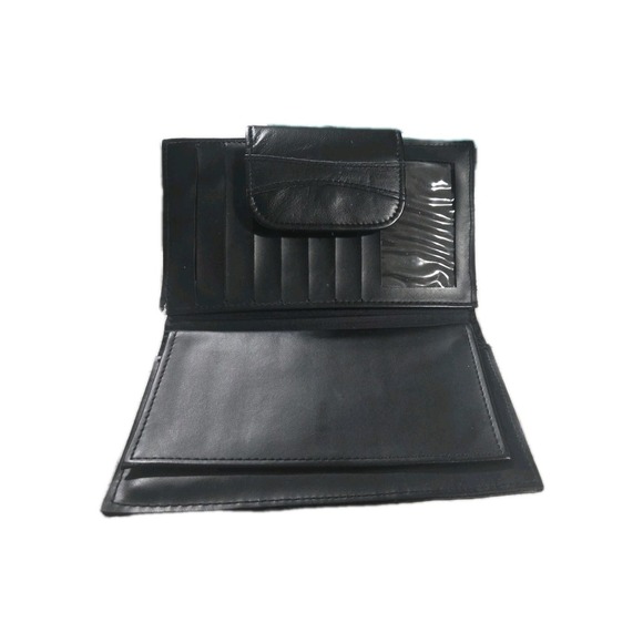 Vintage Black Leather Wallet Clutch Kiss Clasp - Picture 4 of 6